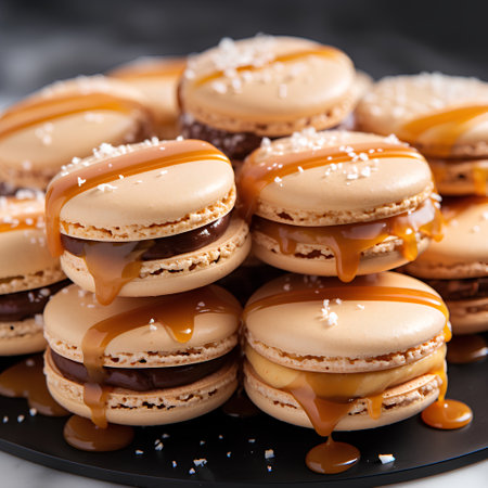 Tasty macaroons with caramel sauce on a black plate.の素材