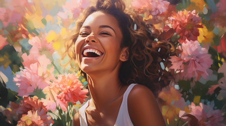 Portrait of a beautiful smiling young woman with curly hair posing in the spring garden.の素材