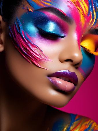 Close-up portrait of a beautiful woman with bright make-up.の素材
