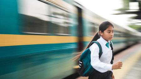 Young asian student girl with backpack waiting train on railway station.の素材