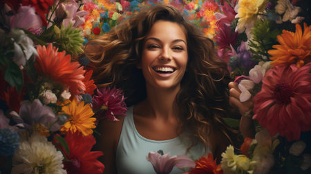 Beautiful young woman with long curly hair surrounded by flowers. Studio shot.の素材