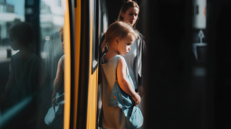 Little girl in a blue dress looks out the window of a bus.の素材