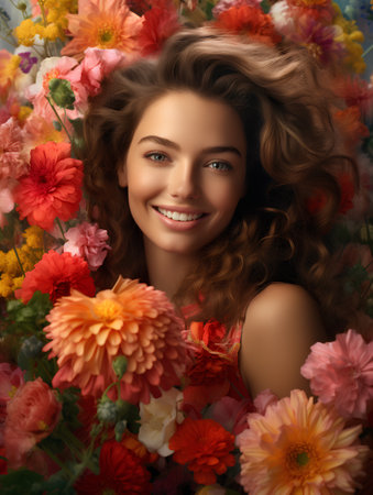 Beautiful young woman with long curly hair, surrounded by flowers.の素材