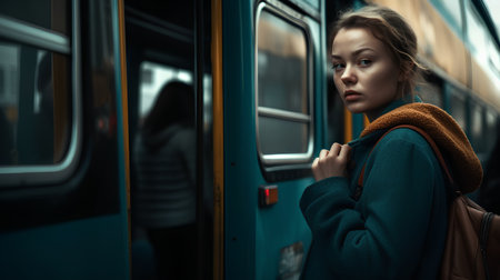 Portrait of a beautiful young woman in a blue coat with a backpack on the background of the train.の素材