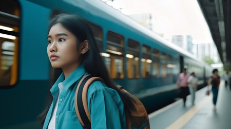 young beautiful and happy Asian Korean tourist woman at train station waiting for train arriving at railway station in travel and transportation conceptの素材