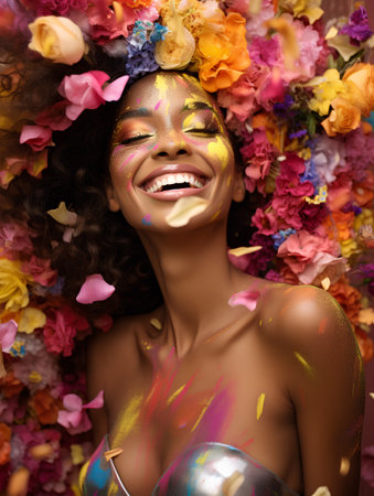 Beautiful african american woman with creative make up and flowers in her hairの素材
