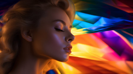 Portrait of beautiful young woman with colorful background. 3d renderingの素材