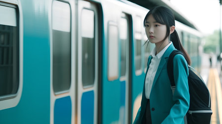 Young business woman standing at the train station and looking at camera.の素材