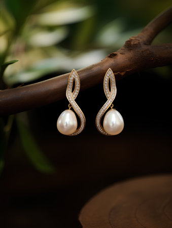 Earrings with pearls on a branch in the garden.の素材