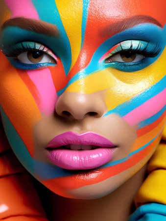 Portrait of a beautiful young woman with bright make-up and multicolor makeup.の素材