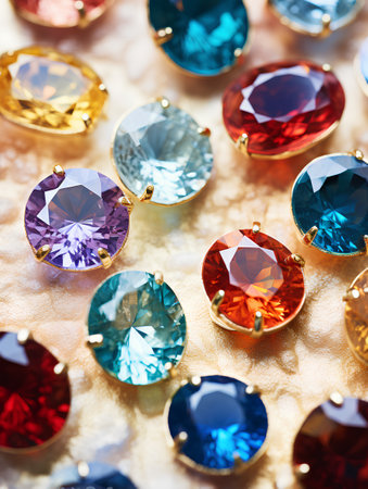 Close up of a group of multicolored gems on a white backgroundの素材