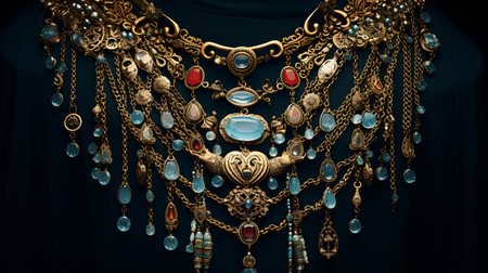 Jewelry necklace with precious stones on a black background. Close-up.の素材