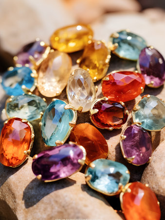 jewelry ring with multicolored gemstones, closeupの素材