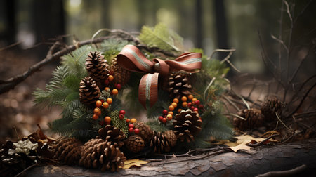 Christmas wreath with pine cones and berries on a tree in the forestの素材