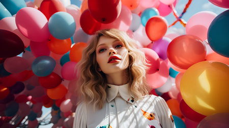 portrait of beautiful blonde girl with colorful balloons at birthday party outdoorsの素材