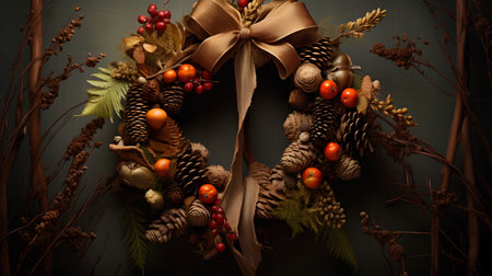 Autumn wreath with berries and cones on a dark background.の素材