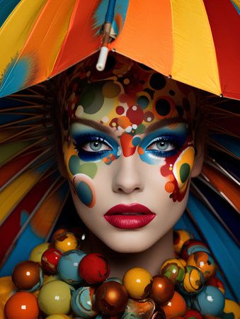 Beautiful girl with creative make-up and colorful carnival masks.の素材