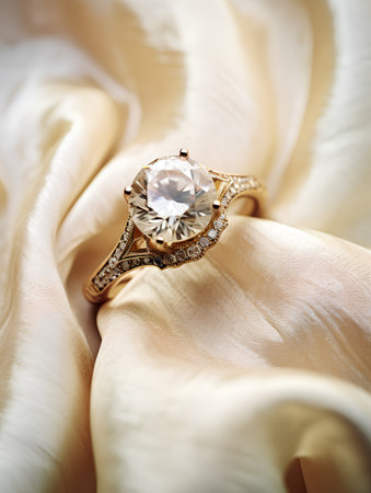Wedding gold ring with diamonds on the satin background.の素材