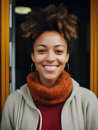 Portrait of a smiling african american woman in the cityの素材