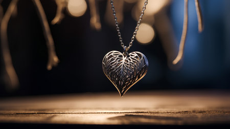 Silver heart pendant on wooden table with bokeh background.の素材