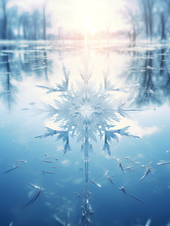 Beautiful snowflakes on the background of the winter landscape.の素材