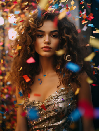 Beautiful young woman with curly hair and confetti on the backgroundの素材