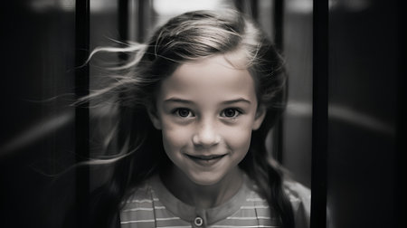 Portrait of a cute little girl with long blond hair. Black and white.の素材