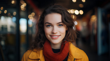 Portrait of a beautiful young woman in a yellow coat and red scarf.の素材