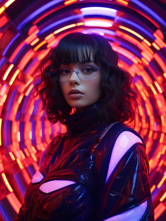 Futuristic portrait of a beautiful girl in a neon light.の素材