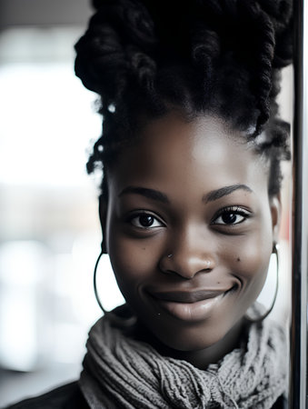 Portrait of a beautiful young african american woman wearing scarf.の素材