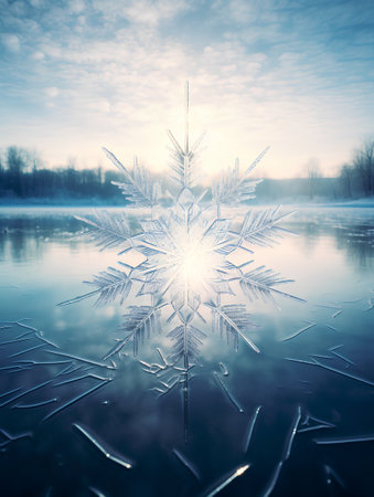 Frozen snowflake on the lake at sunset. Beautiful winter landscape.の素材
