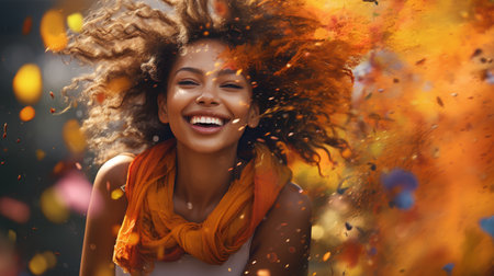 Beautiful young african american woman with afro hairstyle and orange scarf on autumn backgroundの素材