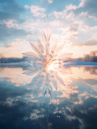 Snowflake in the form of an ice figure on the water surfaceの素材