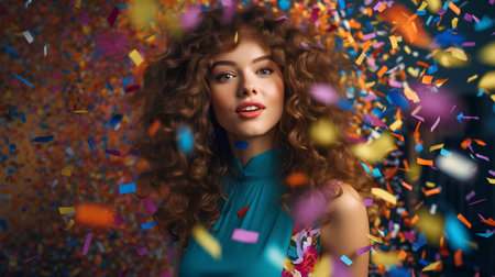 Portrait of beautiful young woman with curly hair and confetti.の素材