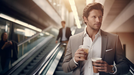 Handsome young businessman holding cup of coffee while standing on escalator in officeの素材