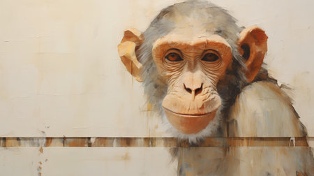 chimpanzee portrait on the background of a wall with stainsの素材