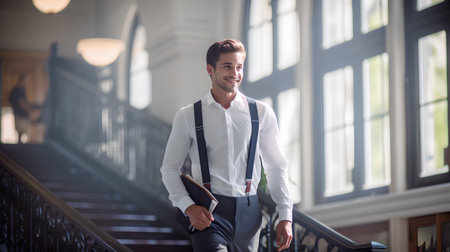 Handsome young man in white shirt and suspenders is holding a notebook and smiling while standing on the stairsの素材