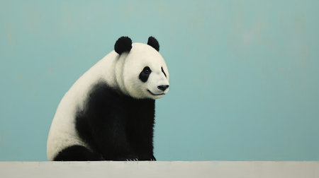 Black and white giant panda sitting on a blue wall background.の素材