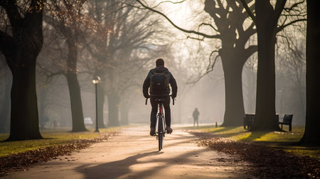 Cyclist riding a bicycle in the city park at sunrise.の素材