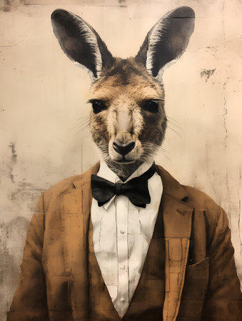 Portrait of kangaroo with bow tie on grunge backgroundの素材