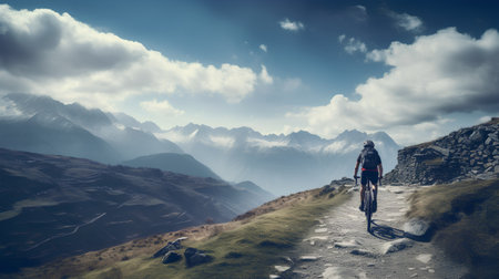 Mountain landscape with a cyclist on the trail leading to the topの素材