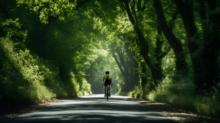 Cyclist riding a bike on a beautiful forest road at sunsetの素材