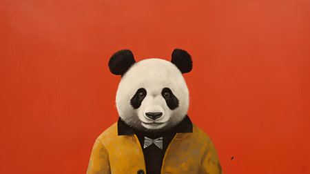 Portrait of a panda in a raincoat on a red backgroundの素材