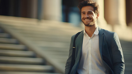 Portrait of a handsome young man in a business suit, outdoorsの素材