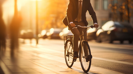 Businessman riding a bicycle in the city at sunset, back viewの素材