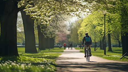 Cyclist in the park with blooming cherry trees in springの素材