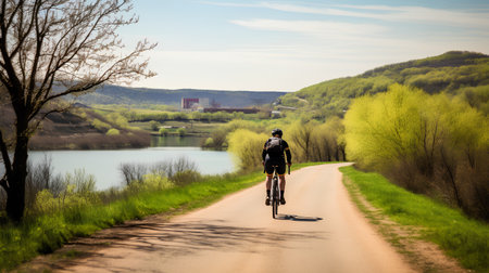 Cyclist riding on the road in the spring forest. Sport and healthy lifestyle.の素材
