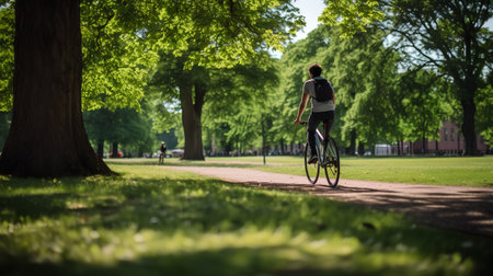 Cyclist riding a bicycle in the park on a sunny dayの素材