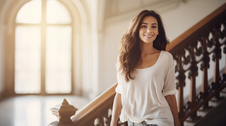 Beautiful young woman in casual clothes is looking at camera and smiling while standing on the stairs at homeの素材
