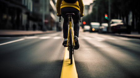 Cyclist riding a bicycle on the road in the city.の素材